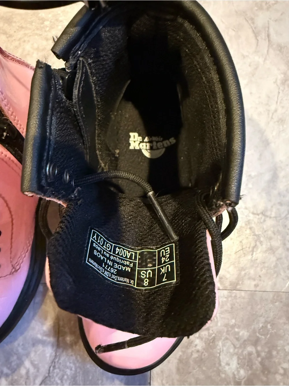 Dr. Martens Kids Pink Patent Lace-Up Boots with Black Trim
